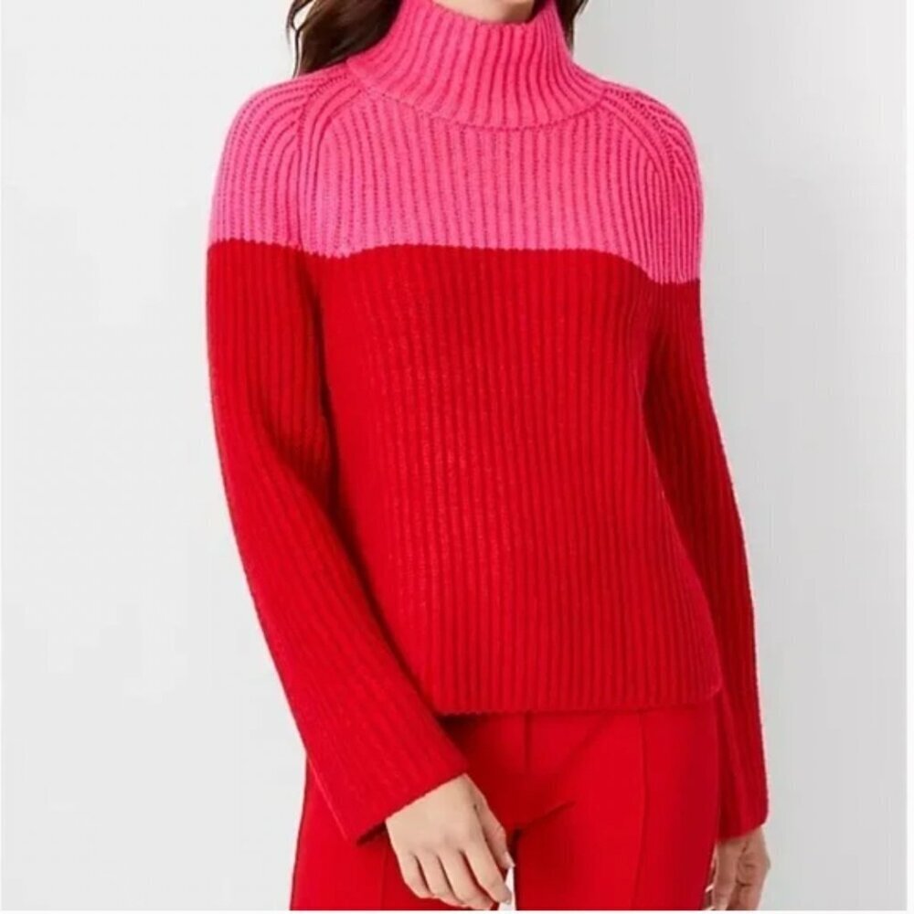 Ann Taylor pink and red color block mock neck thick sweater